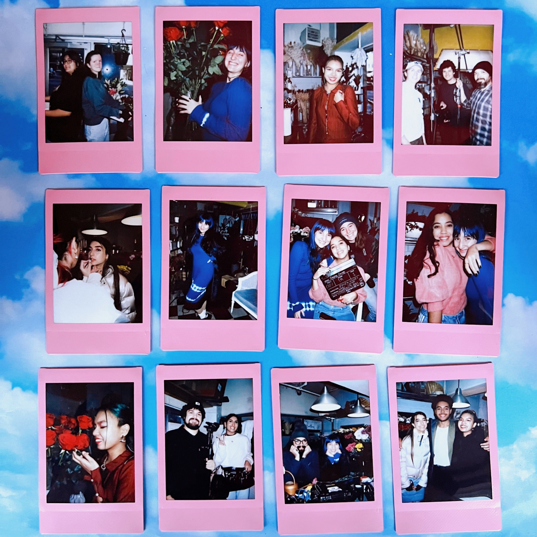 Grid of pink-bordered polaroids from the trilogy laid out on a blue sky backdrop